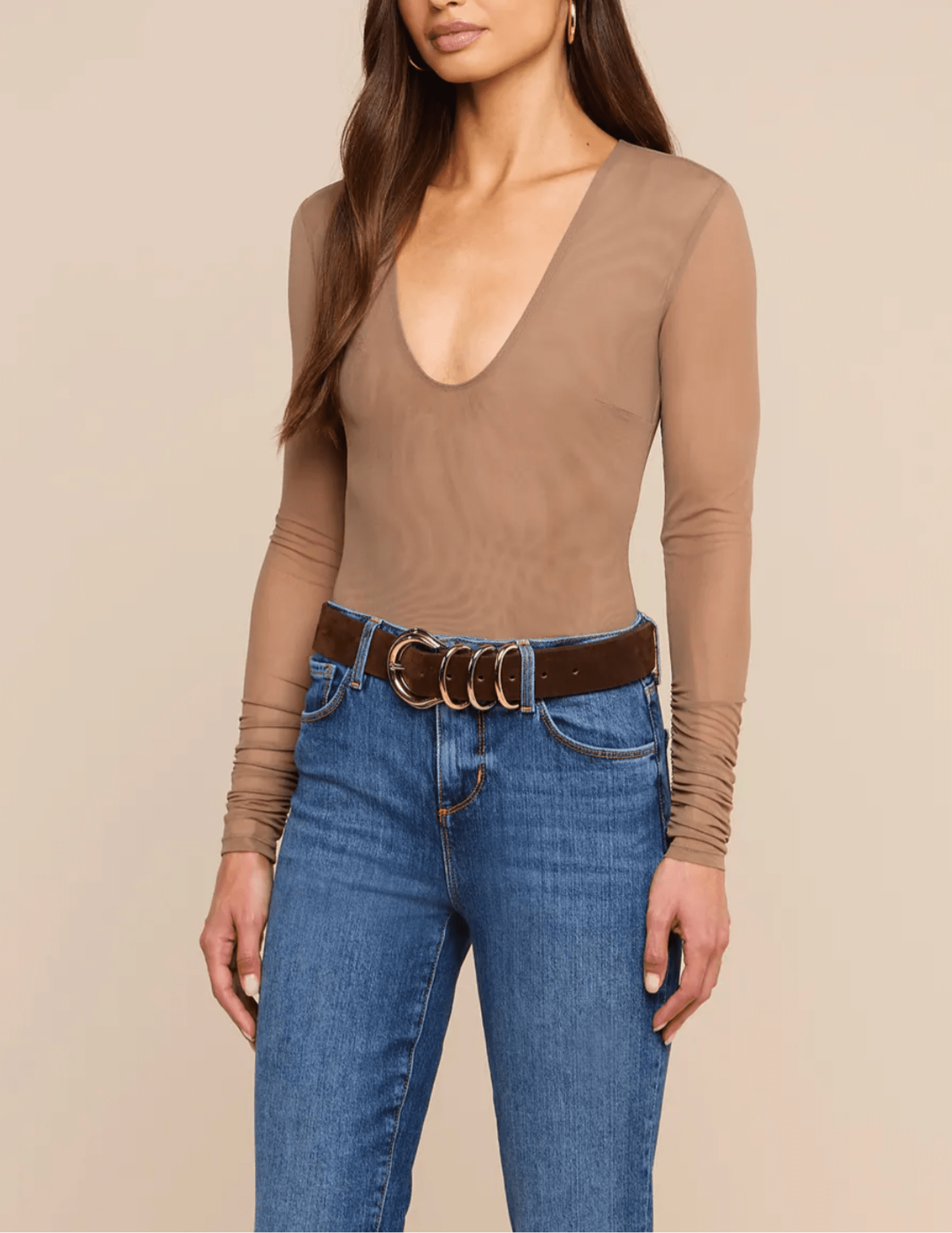 Side view of L'AGENCE Thalassa Long Sleeve Mesh Bodysuit Cardamom