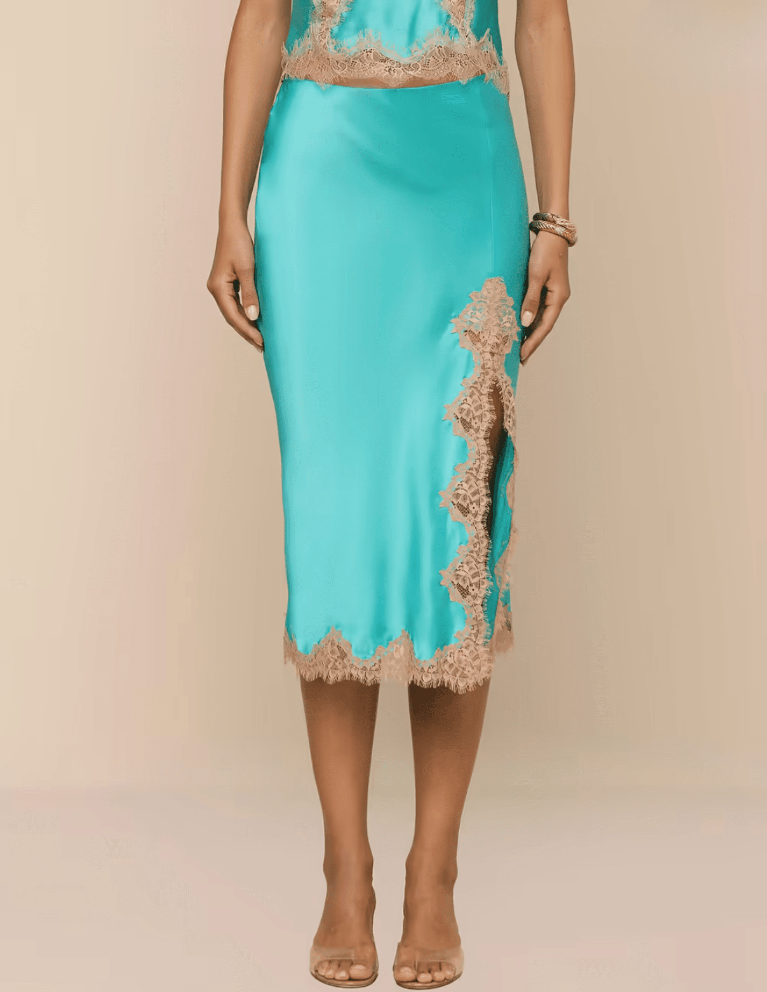 Front view of L'AGENCE Tico Silk Lace Skirt in cyan with cappuccino lace trim