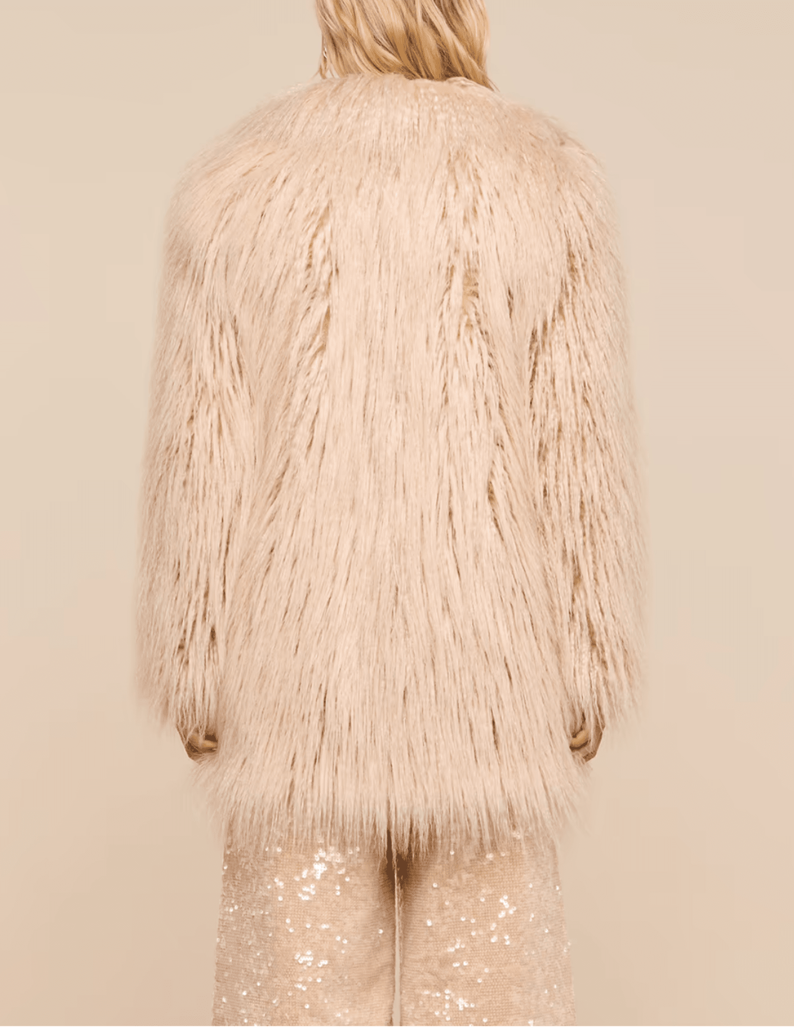 Back view of L'AGENCE Toira Faux Fur Coat in Biscuit