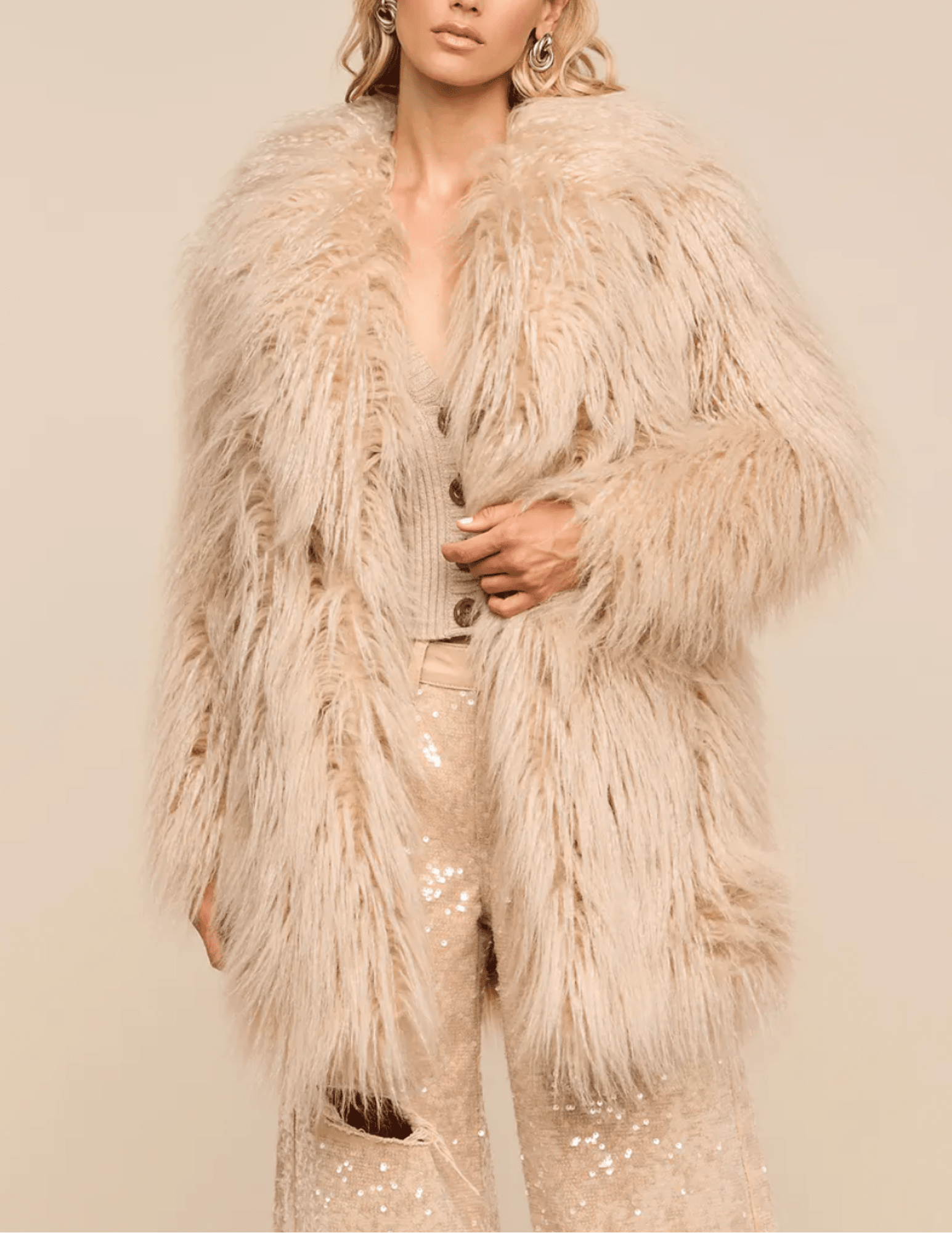 Front view of L'AGENCE Toira Faux Fur Coat in Biscuit