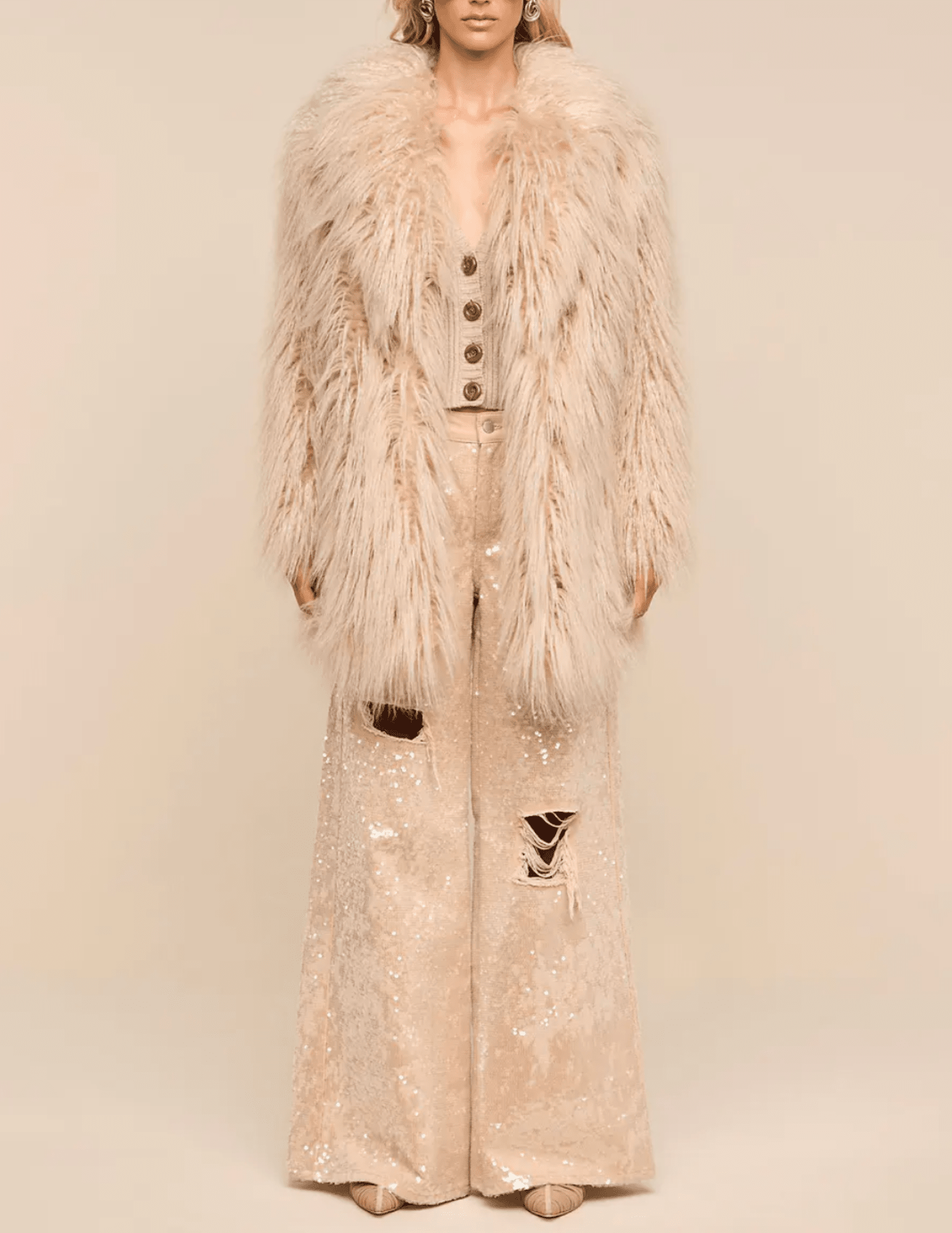 Full body view of L'AGENCE Toira Faux Fur Coat in Biscuit