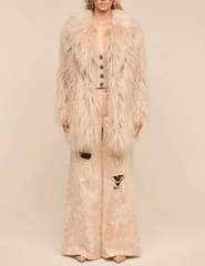 Full body view of L'AGENCE Toira Faux Fur Coat in Biscuit