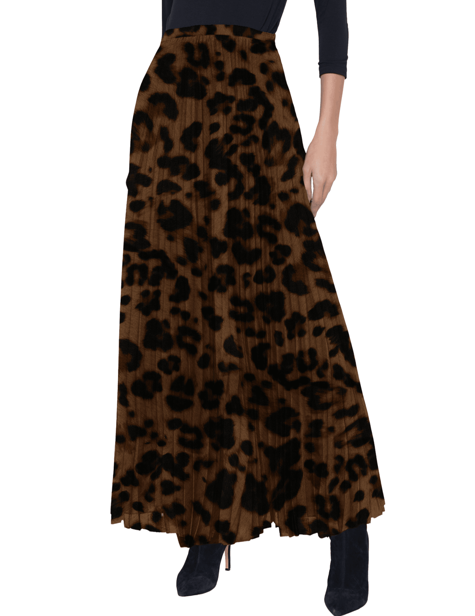 ront view of L’AGENCE Torin Pleated Maxi Skirt in Brown Multi Amur Leopard print.”