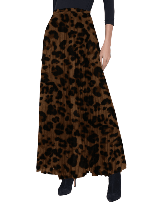 ront view of L’AGENCE Torin Pleated Maxi Skirt in Brown Multi Amur Leopard print.”