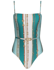 L’AGENCE Tory Square Neck One Piece Swimsuit in Light Sage Belt Stripe – front view
