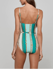Back view of L’AGENCE Tory Square Neck One Piece Swimsuit in Light Sage Belt Stripe