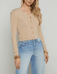 L’AGENCE Toulouse cropped cardigan in Almond with gold embossed buttons