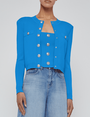 L’AGENCE Toulouse cropped crew neck cardigan in Dresden Blue with nickel buttons front