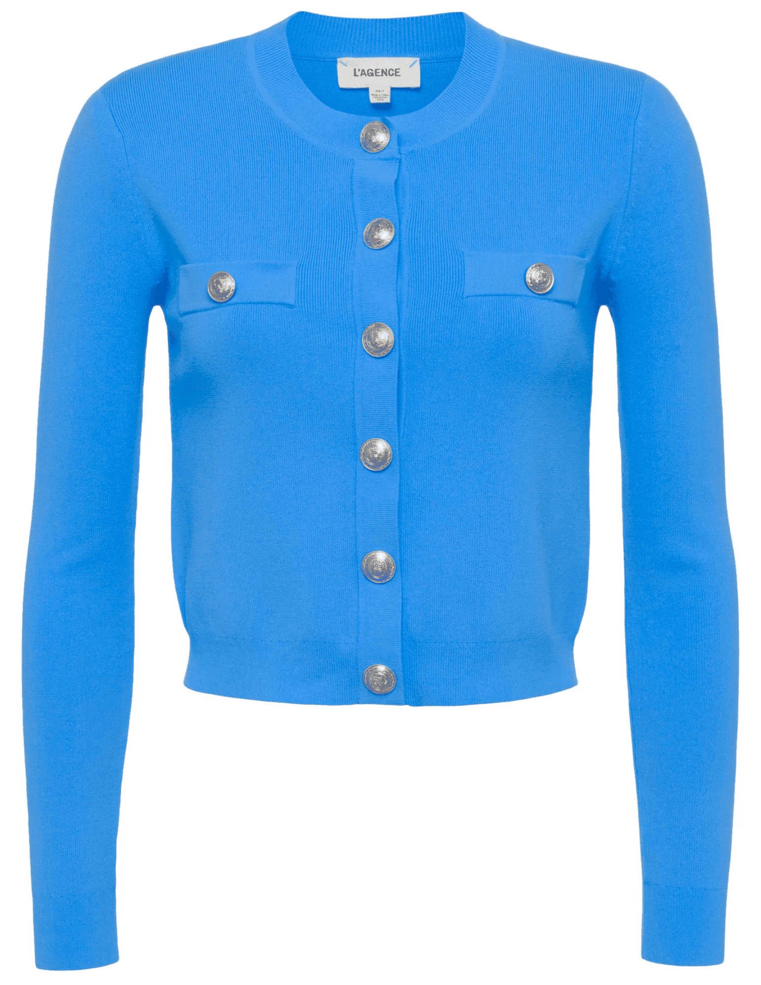 L’AGENCE Toulouse cropped crew neck cardigan in Dresden Blue with nickel buttons