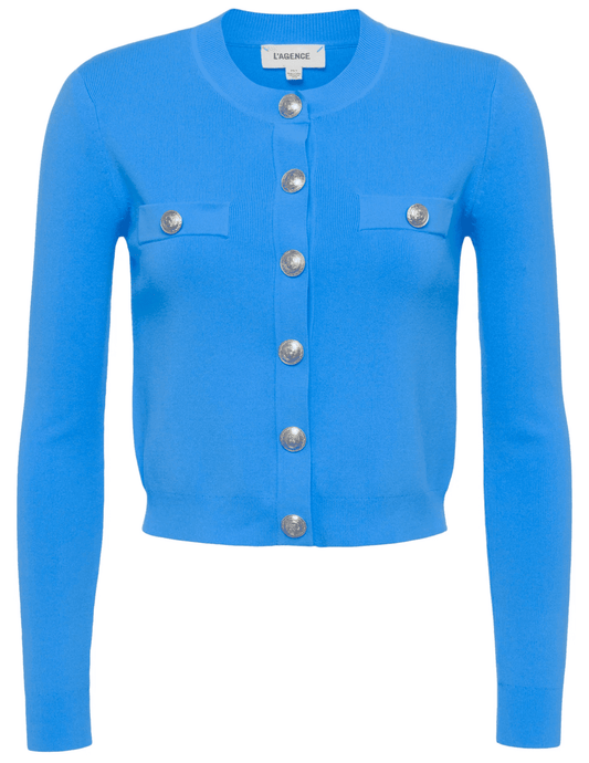 L’AGENCE Toulouse cropped crew neck cardigan in Dresden Blue with nickel buttons