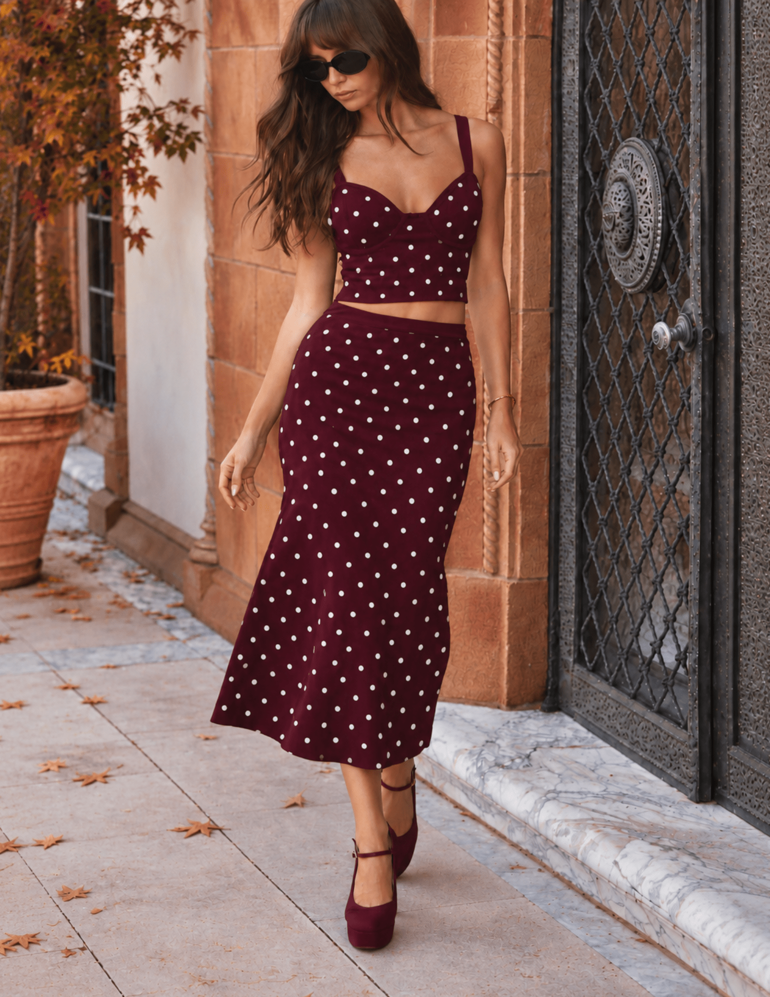 L'AGENCE Tula Knit Bra Top in Dark Plum Ivory Polka Dot lifestyle image