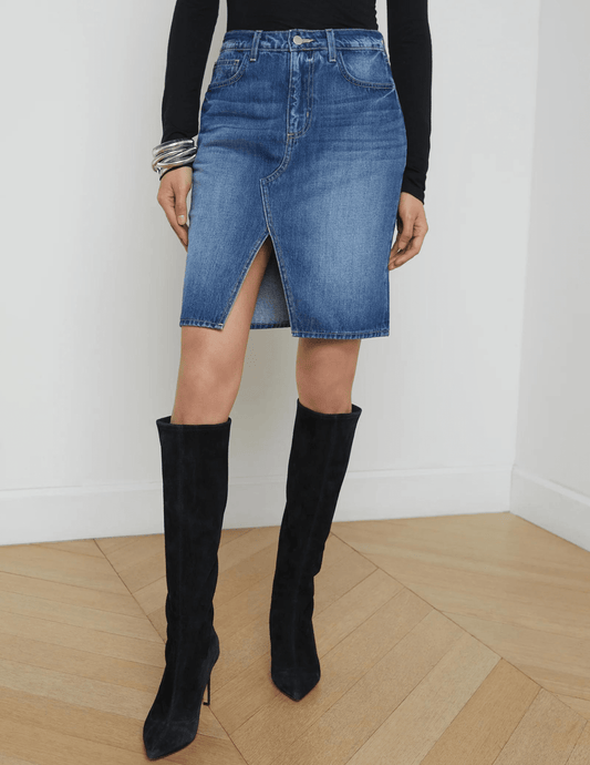 L'Agence Tylee knee length denim skirt in Brentwood front model view