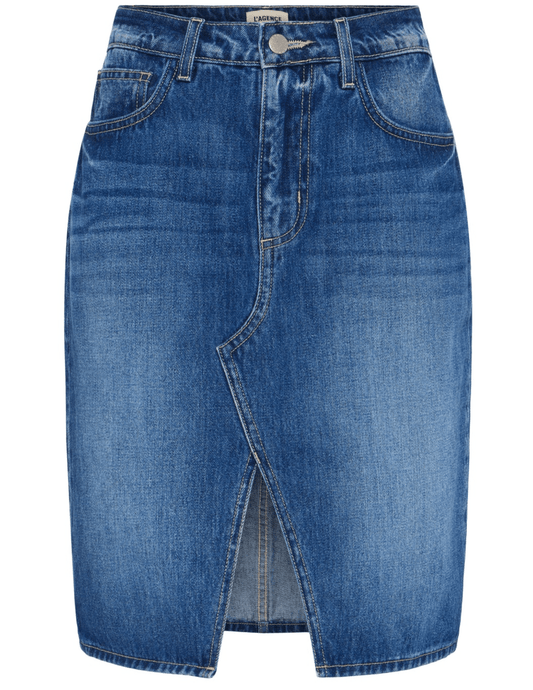 L'Agence Tylee knee length denim skirt in Brentwood front view