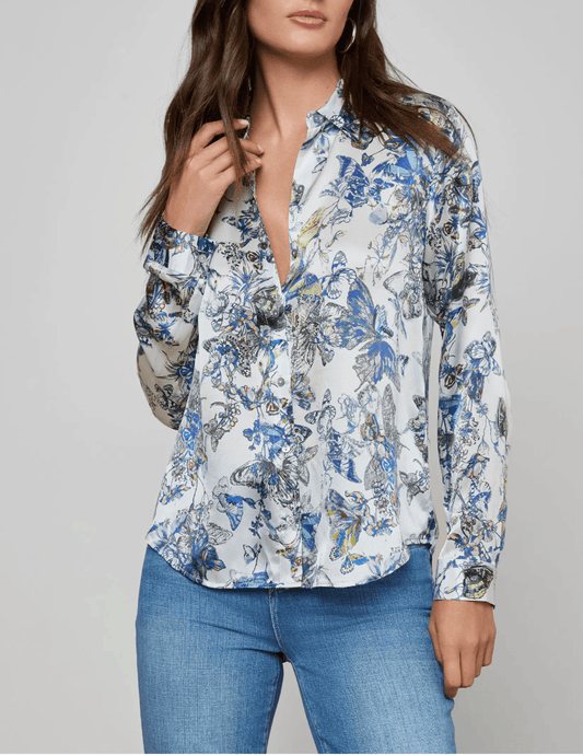 L’AGENCE Tyler silk blouse grey watercolor butterfly print front view