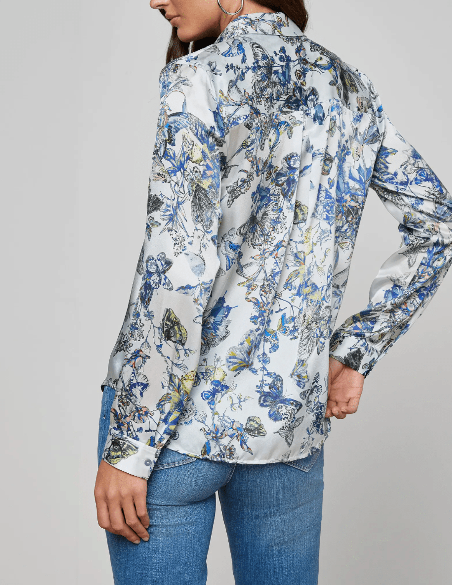 L’AGENCE Tyler silk blouse grey watercolor butterfly print back view