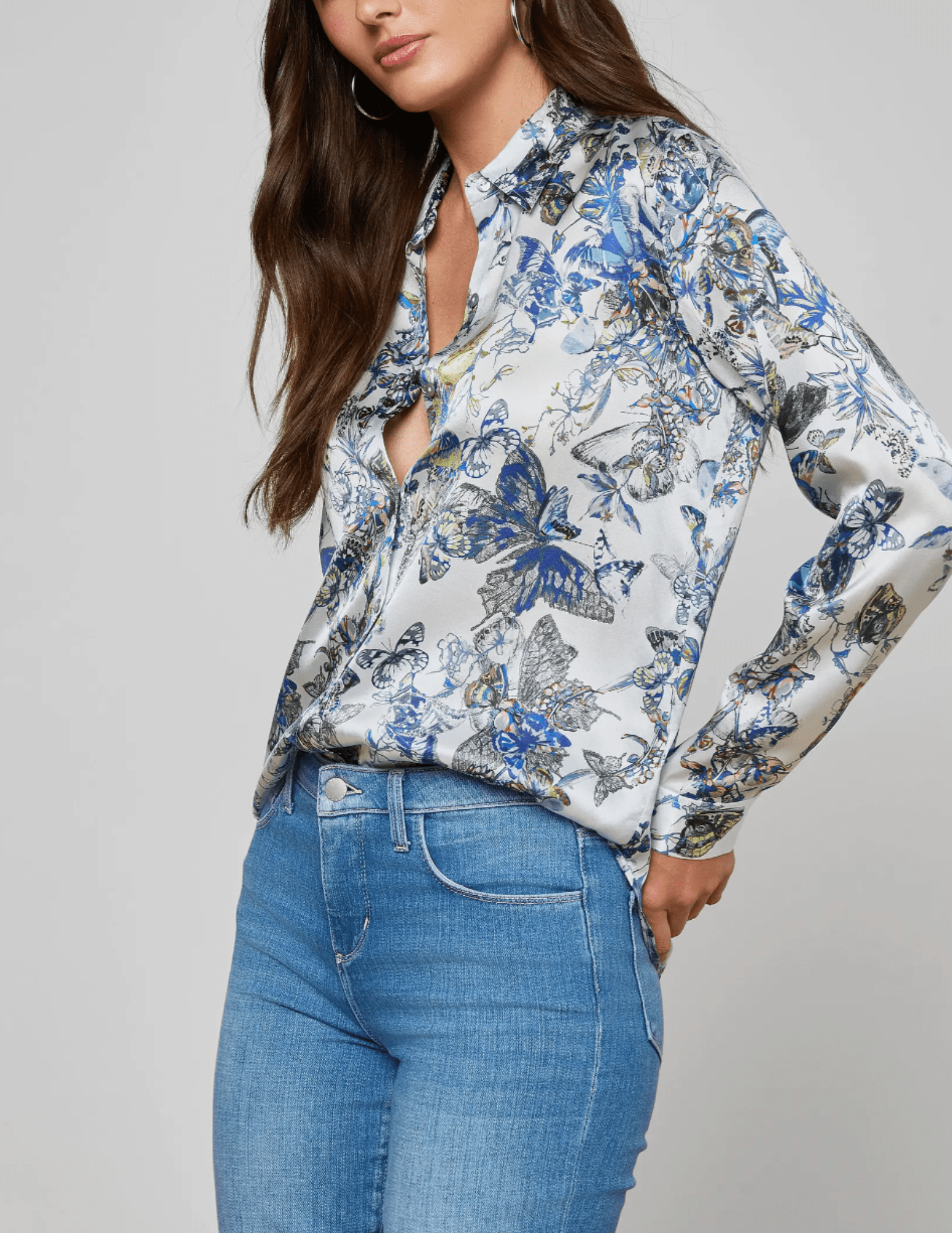 L’AGENCE Tyler silk blouse grey watercolor butterfly print side view