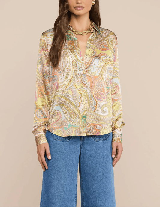 L'AGENCE Tyler Green Multi Cluster Paisley blouse styled with wide-leg jeans front view