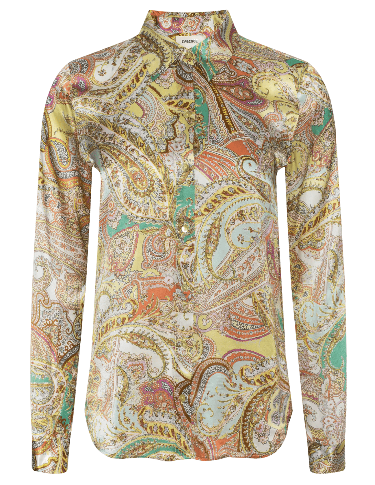 L'AGENCE Tyler Green Multi Cluster Paisley blouse styled with wide-leg jeans