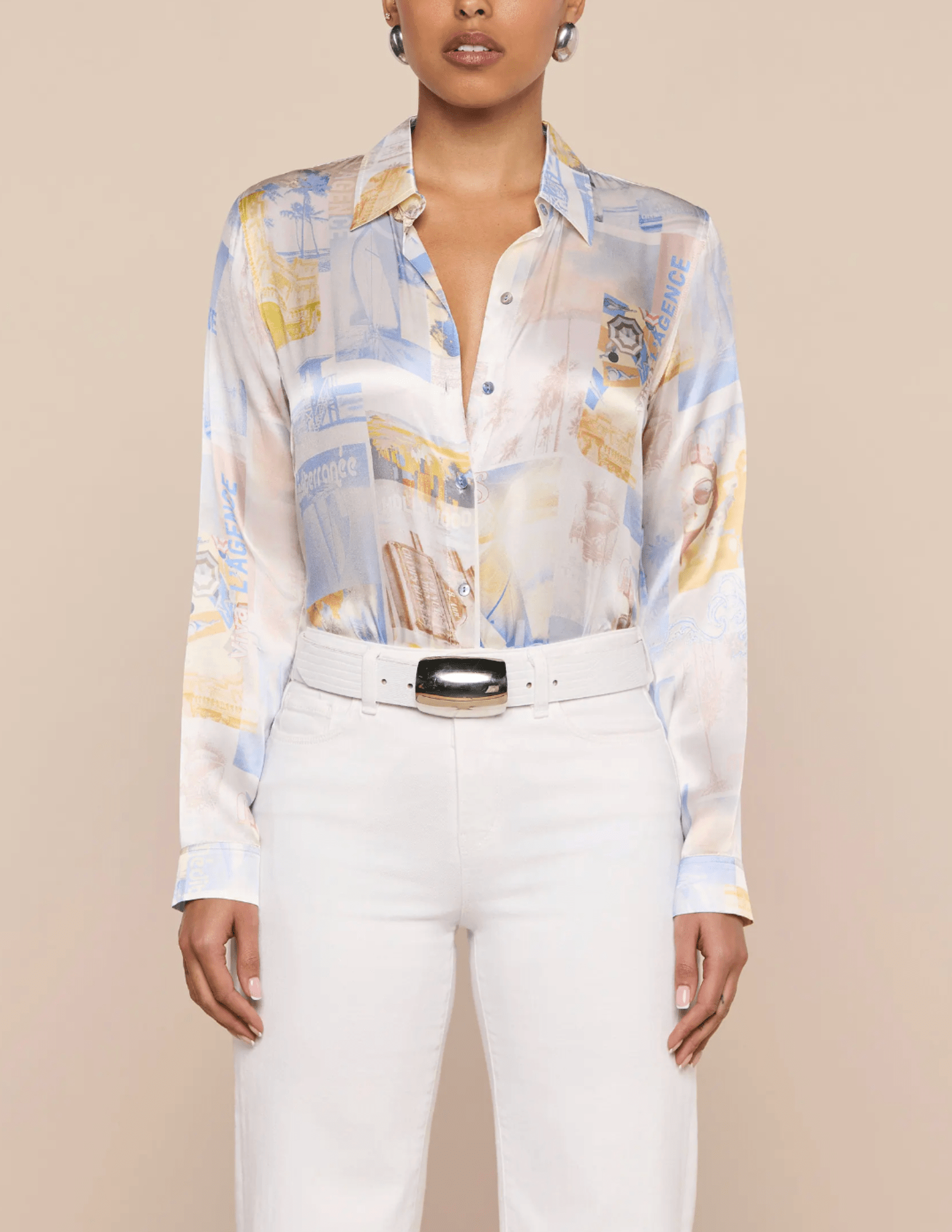 Model wearing L'AGENCE Tyler Malibu Post Card silk blouse