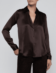 Front view of L'AGENCE Tyler Silk Blouse in Dark Java