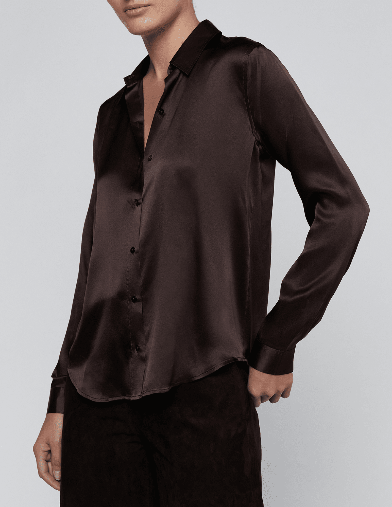 Side view of L'AGENCE Tyler Silk Blouse in Dark Java