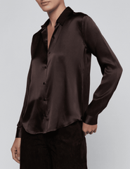 Side view of L'AGENCE Tyler Silk Blouse in Dark Java