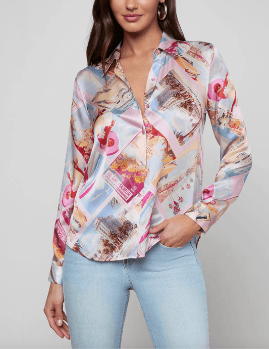 Front view of LAgence Tyler silk blouse in pink postcard print
