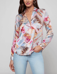 Front view of LAgence Tyler silk blouse in pink postcard print
