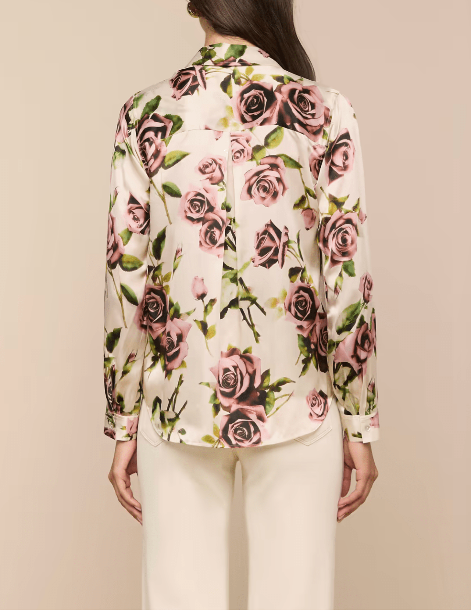 Back view of L'AGENCE Tyler long sleeve silk blouse in ecru mauve romantic rose