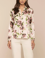 Front view of L'AGENCE Tyler long sleeve silk blouse in ecru mauve romantic rose
