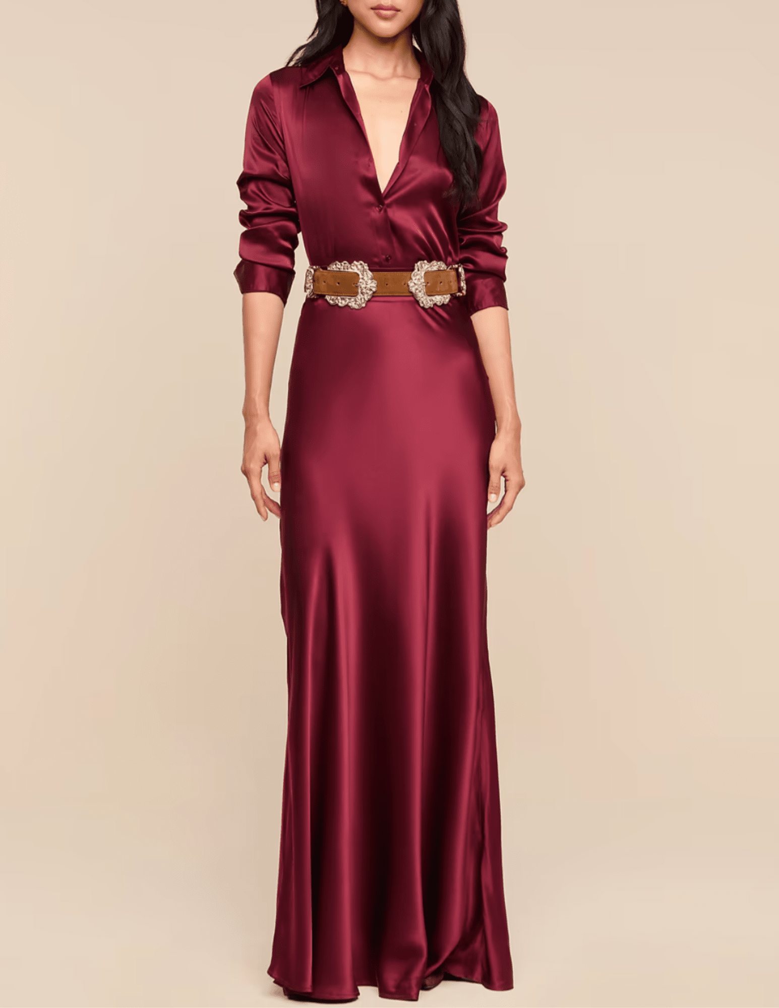 Full body view of L’AGENCE Tyler Silk Blouse in Merlot Red
