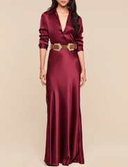 Full body view of L’AGENCE Tyler Silk Blouse in Merlot Red