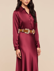 Side view of L’AGENCE Tyler Silk Blouse in Merlot Red