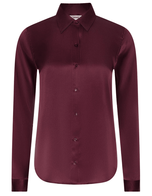 view of L’AGENCE Tyler Silk Blouse in Merlot Red