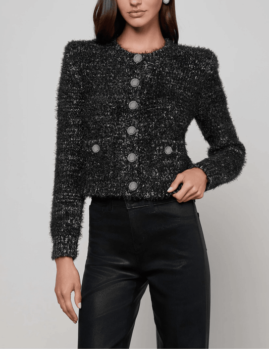 L’AGENCE Una Knit Metallic Cardigan in Black Gunmetal with silver buttons