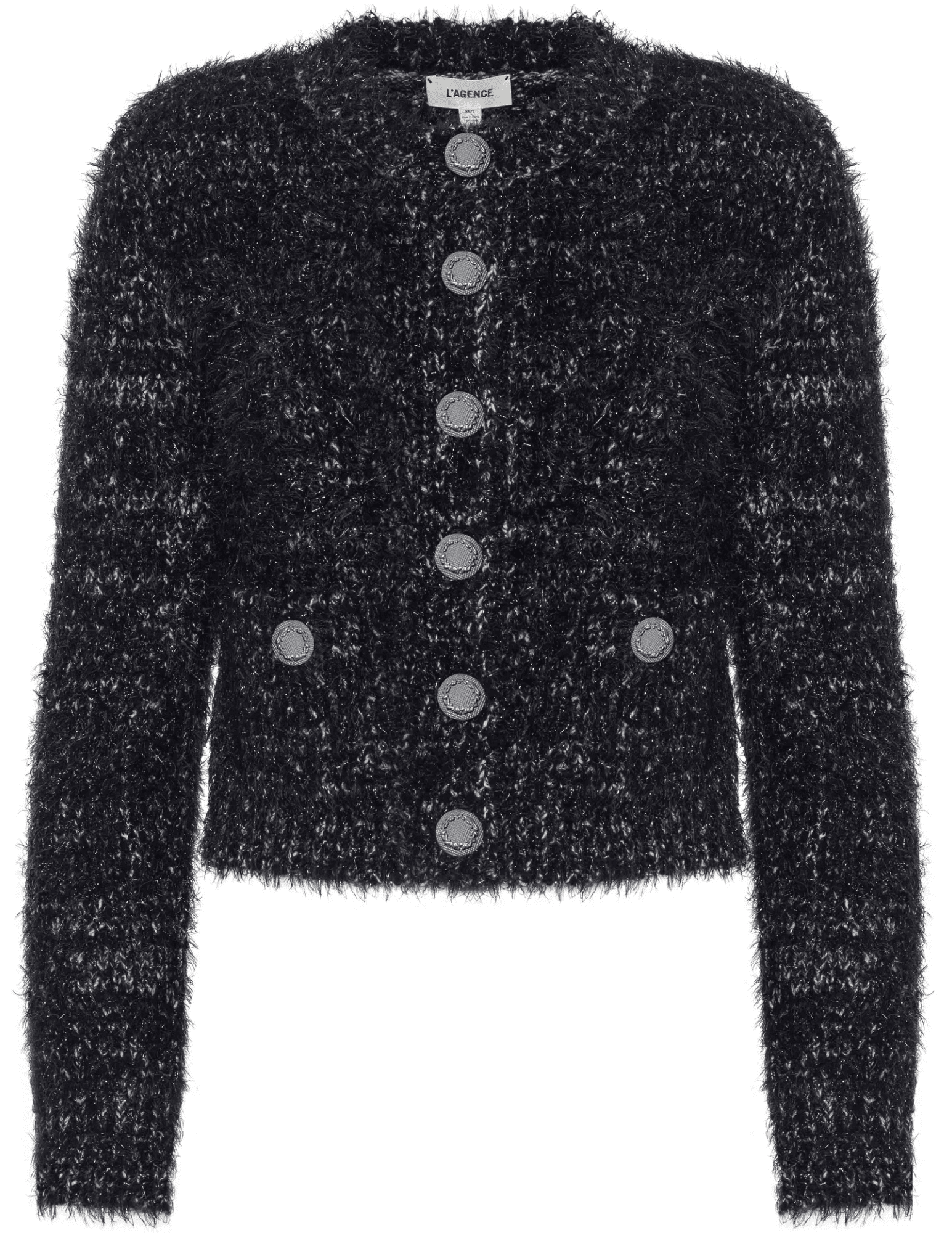 L’AGENCE Una Knit Metallic Cardigan in Black Gunmetal with silver buttons