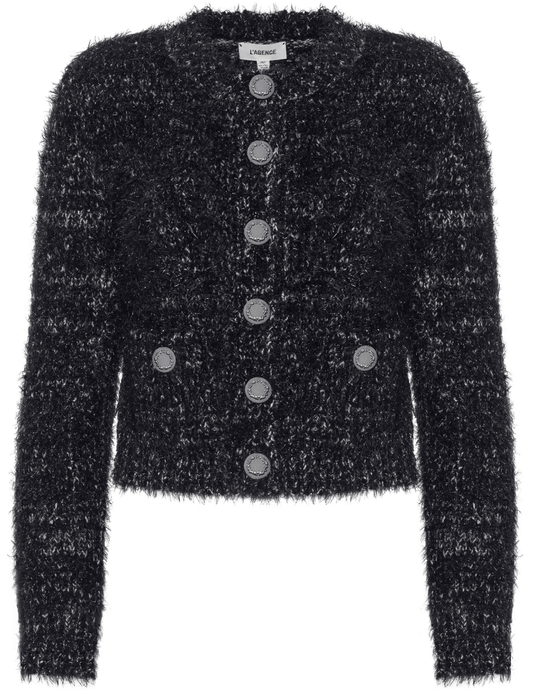 L’AGENCE Una Knit Metallic Cardigan in Black Gunmetal with silver buttons