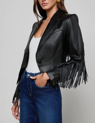 Side view of L’AGENCE Vashti Lambskin Leather Blazer with fringe trim