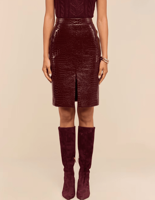 Front view of L’AGENCE Violetta Vegan Leather Pencil Skirt Dark Port