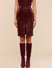 Front view of L’AGENCE Violetta Vegan Leather Pencil Skirt Dark Port