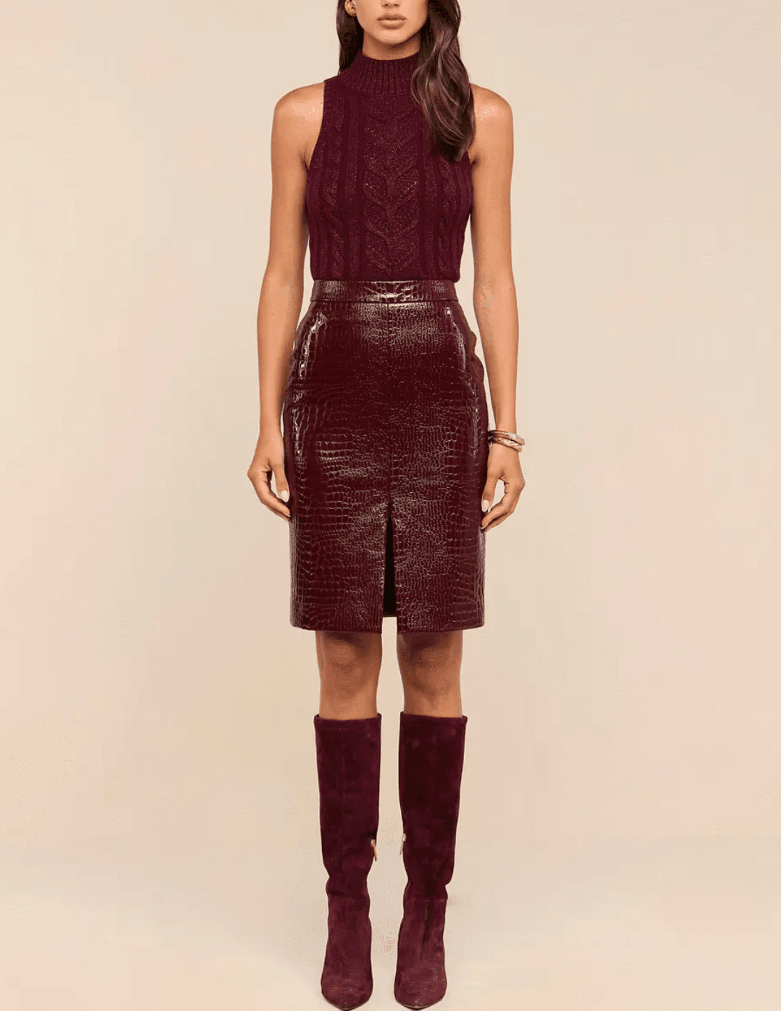 Full body view of L’AGENCE Violetta Vegan Leather Pencil Skirt Dark Port