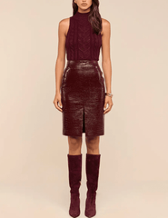 Full body view of L’AGENCE Violetta Vegan Leather Pencil Skirt Dark Port