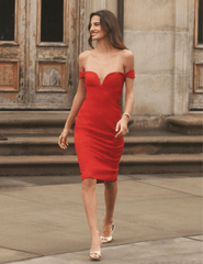 Editorial image of L'AGENCE Vivie V-Wire Dress in Lipstick Red - Buy Online