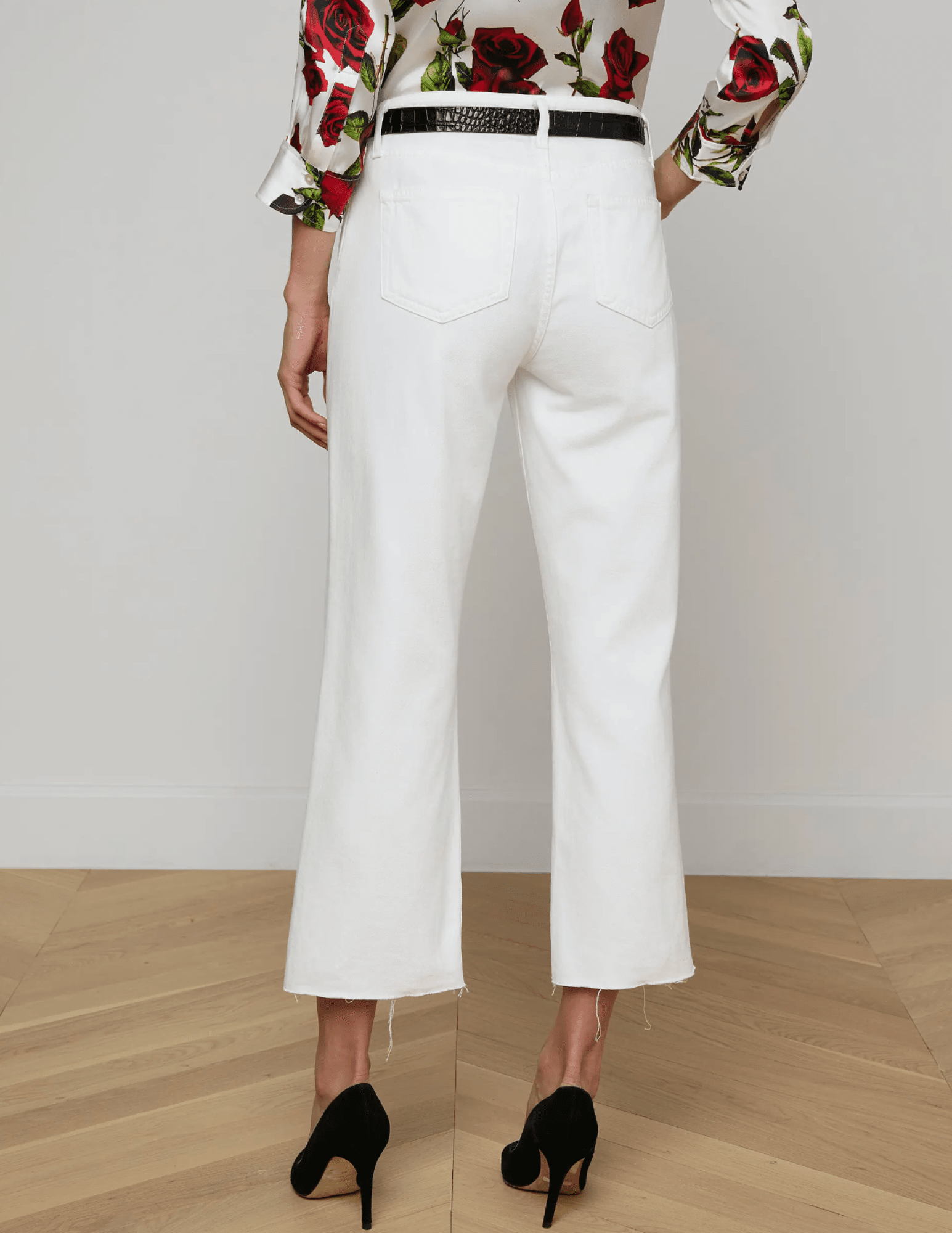 Back view of L’AGENCE Wanda High Rise Cropped Wide Leg Jean in Blanc