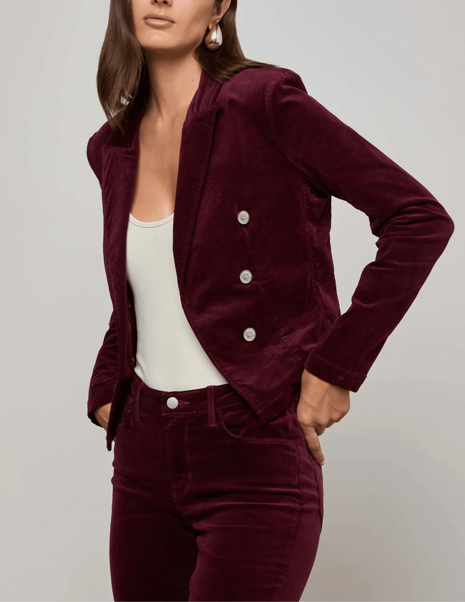 L’AGENCE Wayne Cropped Velvet Blazer in Dark Port with silver dome buttons.