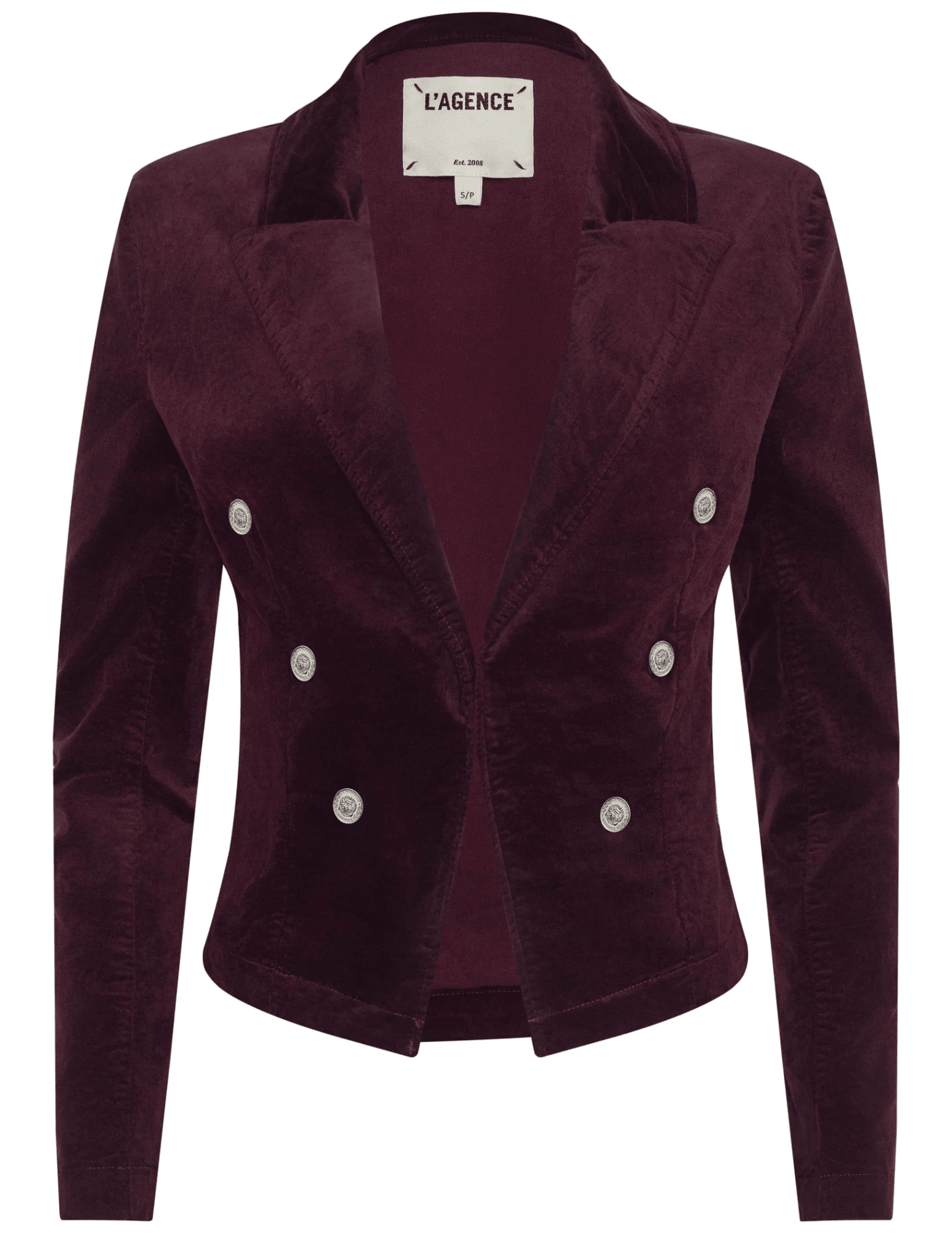 “L’AGENCE Wayne Cropped Velvet Blazer in Dark Port with silver dome buttons