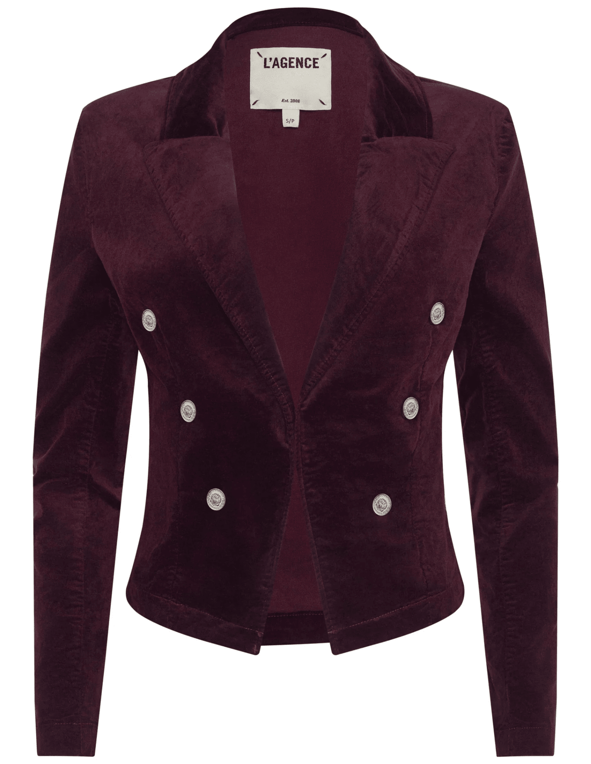 “L’AGENCE Wayne Cropped Velvet Blazer in Dark Port with silver dome buttons