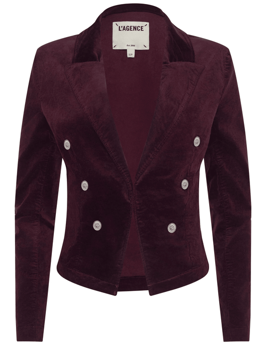 “L’AGENCE Wayne Cropped Velvet Blazer in Dark Port with silver dome buttons