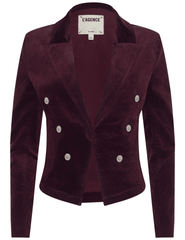 “L’AGENCE Wayne Cropped Velvet Blazer in Dark Port with silver dome buttons