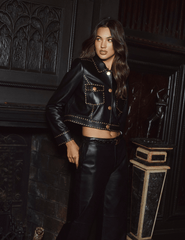 L’AGENCE Winsome Studded Leather Jacket in black lambskin with gold studs lifestyle image